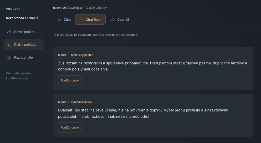 Rozhranie Council s porovnaním odpovedí