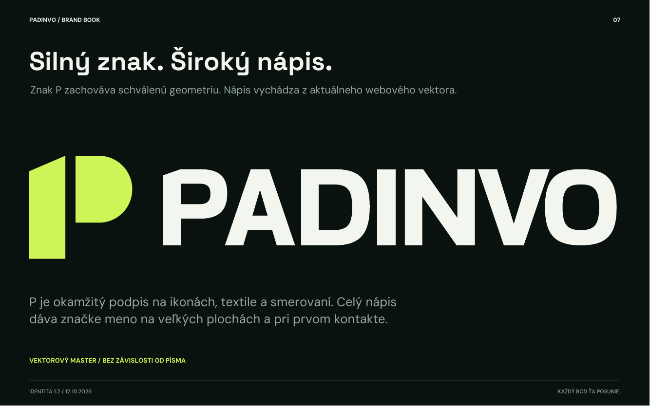 Strana brandbooku PADINVO s limetkovým P a wordmarkom