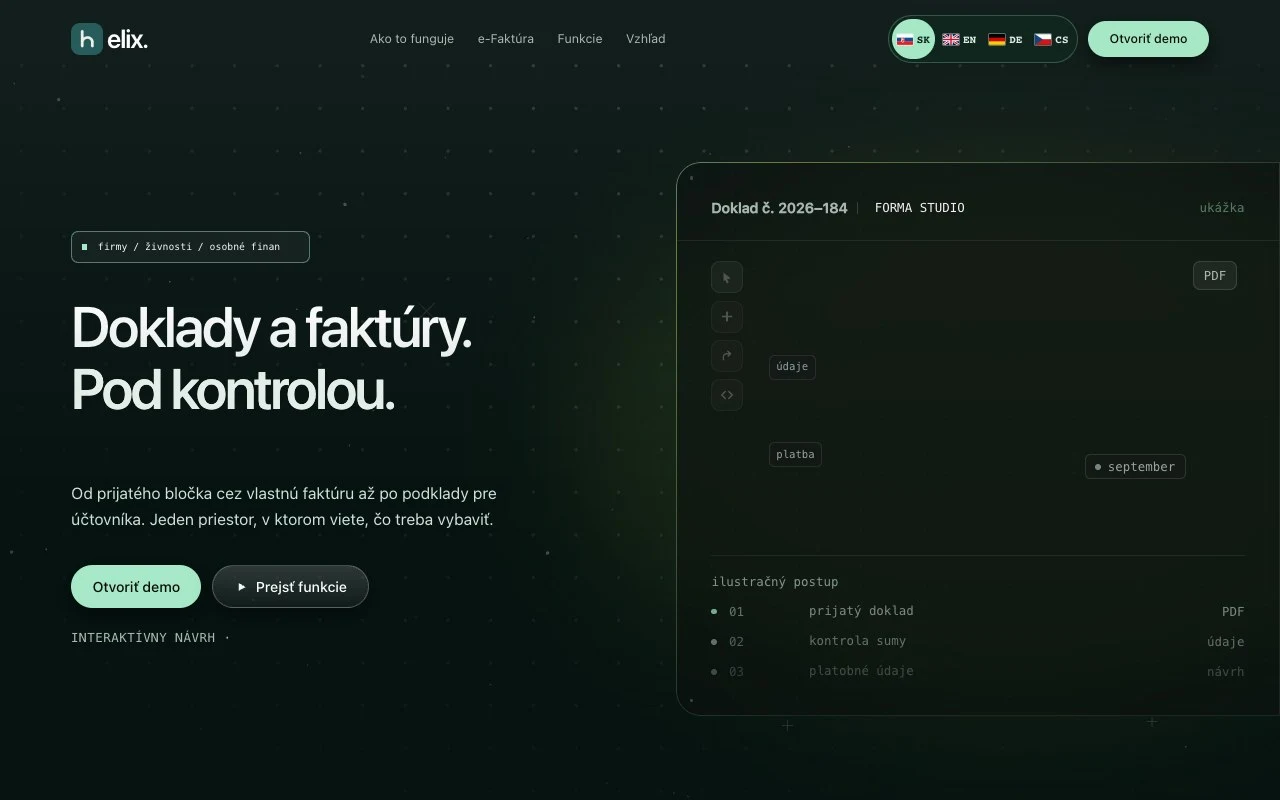 Skutočný web Helix s dokladmi a prepojeným pracovným postupom.